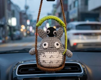 Totoro Crochet Car Charm, Anime Rearview Mirror Hanging, Handmade Amigurumi Car Decor, Cute Totoro Gift for Driver