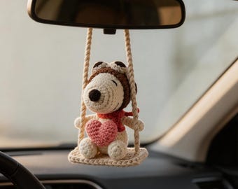 Colgante de ganchillo para coche de Snoopy piloto con corazón, adorno para espejo retrovisor de Snoopy aviador, linda decoración de coche hecha a mano con forma de perro, regalo para amantes de los perros.