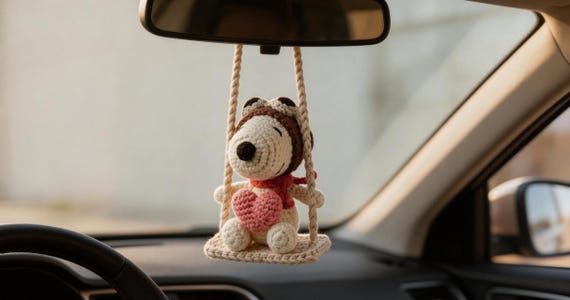 Pilot Snoopy Crochet Car Charm with Heart, Snoopy Aviator Rearview Mirror Hanging, Cute Handmade Dog Car Decor, Gift for Dog Lovers