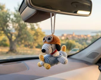 Pilot Snoopy Flugzeug häkeln Plüsch | Aviator Beagle Anhänger | Niedliche Auto-Spiegel-Verzierung | Kawaii Geschenk