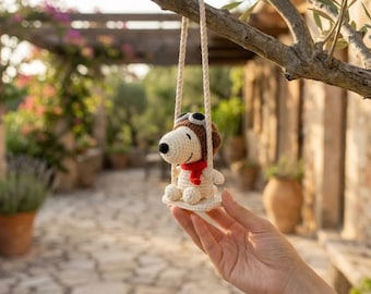 Pilot Snoop Car Charm, Snoop Crochet Rearview Mirror Hanging, Cute Dog Car Decor, Handmade Amigurumi Gift