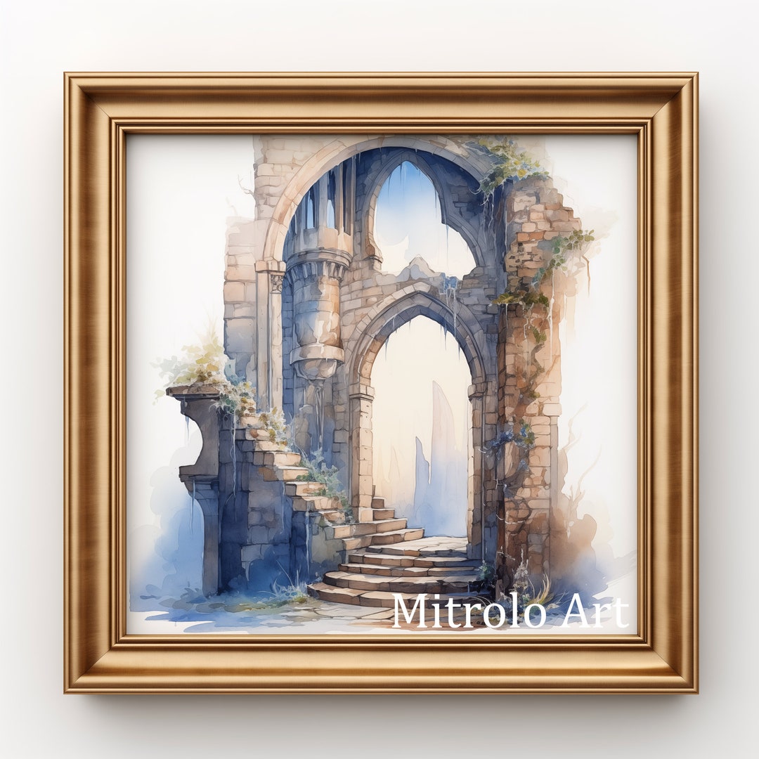 Ancient Castle Watercolor, Printable Medieval Art, Historical Landscape, Vintage Castle Decor