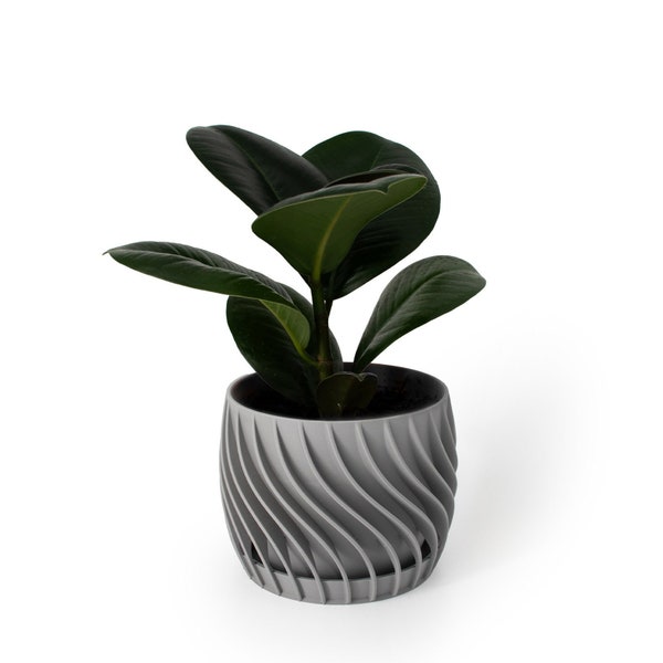 Flower pot (Ø 12 cm) the plate pot - flower pot with integrated saucer, 100% 3D printing, spiral look, shapes - decorations