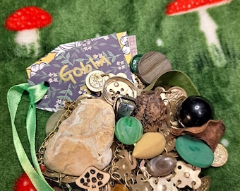 May include: A collection of assorted items including stones, beads, buttons, and a wooden mushroom charm. A tag with the word "Goblin" is attached with a green ribbon. The items are arranged on a green fabric with red mushroom designs.
