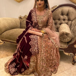 Golden Rustic Peach Custom Reception Dress, Embroidered Dress, Pakistani Bridal Dress, Wedding Dress, Indian Wedding Dresses For Women