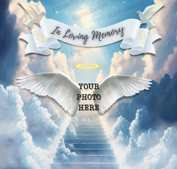 In Loving Memory PNG, Memorial Background Template Stairs to Heaven, Rest  in Peace, Cloudy Sky, 04 Designs Included for Instant Download