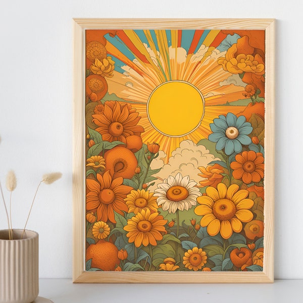 Vintage 70s Style Sunshine Flower Field Art Print | 70s flowers | Hippie Flowers | vintage 70s Poster | Digital Print | Printable Wall Art