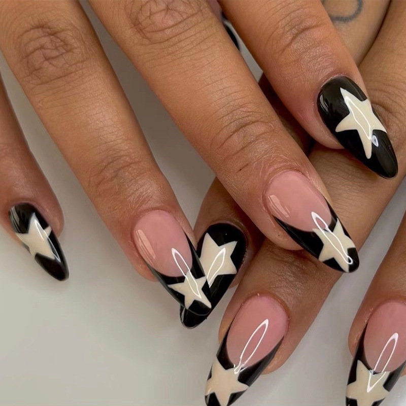 Trendy Star Nail With Cream Color Star in Almond Black French Etsy Canada
