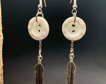 Feather Dangle Button Earrings, Lightweight Button Dangle Earrings for Women, Casual Button Jewelry, Silver Feather Charm, Handmade