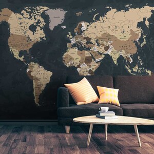 Zwart-bruine wereldkaart behang muurschildering