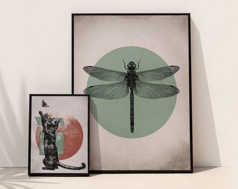 Cat Moth and Dragonfly, Wall Art, Set of 2, Prints, Vintage