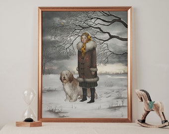 Slavic girl with dog, folk wall art, Illustration, poster, polish lowland sheepdog, PON.