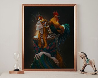 Slavic Woman, Witch, Hag, Girl, Rooster, Wall Art, Poster, Folklore, Folk Illustration