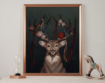 Deer and peonies, stag, hart, wall art, poster, animal wall art, illustration