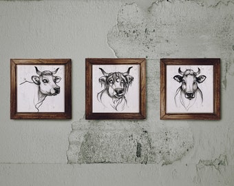 Cows art printst, Set of 3, illustrations, wall art print
