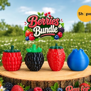May include: A set of four berry-shaped containers including a red raspberry, a black blackberry, a red strawberry, and a smooth blue blueberry. The text Berries Bundle appears above the items, and the text Pay for 3, Get 4! appears below.
