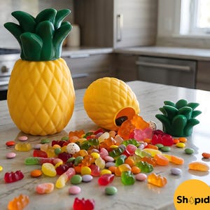 Pode incluir: Um recipiente amarelo em forma de abacaxi com uma parte superior verde, ao lado de um recipiente derramado com doces coloridos. Os doces estão espalhados em uma bancada. Um pequeno abacaxi decorativo verde também está presente.