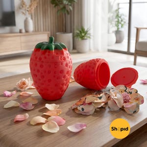 May include: A red strawberry-shaped container with a green stem, next to a detached lid and a separate container. The container is open, revealing its interior. Scattered around are flower petals and decorative floral accents. The container has a textured surface.