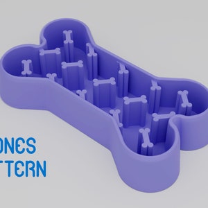 May include: Purple bone-shaped dog bowl with a pattern of smaller bone shapes inside. The text "BONES PATTERN" is printed below the bowl.