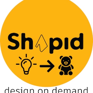 May include: A yellow circle with the word "Shopid" in black text. An arrow points to the right from a lightbulb to a black teddy bear. The text "design on demand" is below the circle.