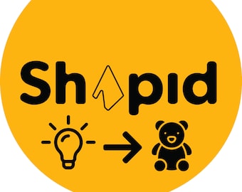 May include: A yellow circle with the word "Shopid" in black text. An arrow points to the right from a lightbulb to a black teddy bear. The text "design on demand" is below the circle.