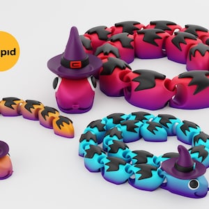 May include: A collection of colorful, whimsical, witch-themed toys. The toys are shaped like snakes and feature purple, blue, and orange gradients with black accents. Each toy has a witch hat. The Shopid logo is in the upper left corner.