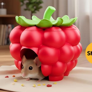 Puede incluir: Una casa para mascotas con forma de frambuesa roja con una parte superior verde con forma de hojas. Un pequeño ratón asoma por la abertura. La casa está sobre una superficie beige. La imagen también incluye el texto "Shopid" en un círculo amarillo.