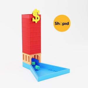 May include: A red tower with a gold dollar sign on top, a blue tray with the word "SHAPID" printed on it, and two green dice rolling out of the tower.