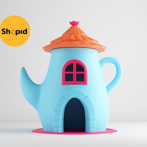 May include: A blue teapot shaped like a house with an orange roof, a pink door, and a pink window. The teapot is sitting on a pink base.