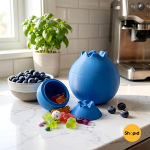 May include: A blue, spherical container with a lid, resembling a blueberry, sits on a countertop. A smaller, open container holds colourful sweets. A bowl of fresh blueberries and a potted plant are also visible.