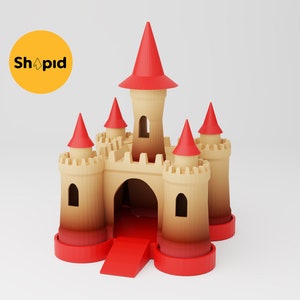 May include: A 3D printed sandcastle toy with red roofs and a red ramp. The castle is made of beige plastic and has a gradient effect from light to dark beige.