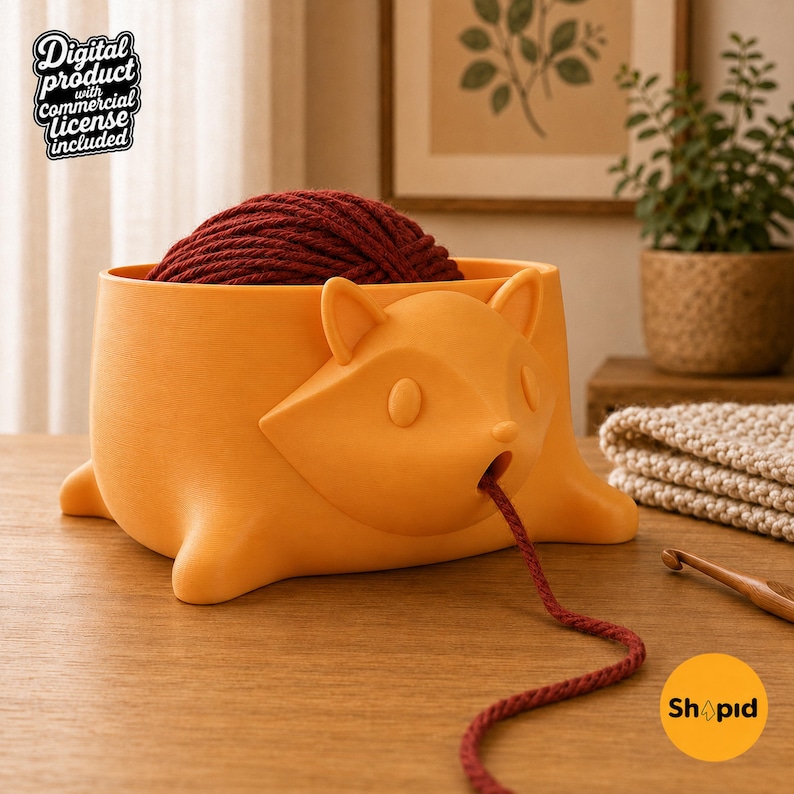 May include: An orange yarn bowl shaped like a fox with a dark red ball of yarn inside. The yarn feeds through the fox's mouth. Text in the upper left reads Digital product with Commercial license included. A logo in the bottom right reads Shapid.