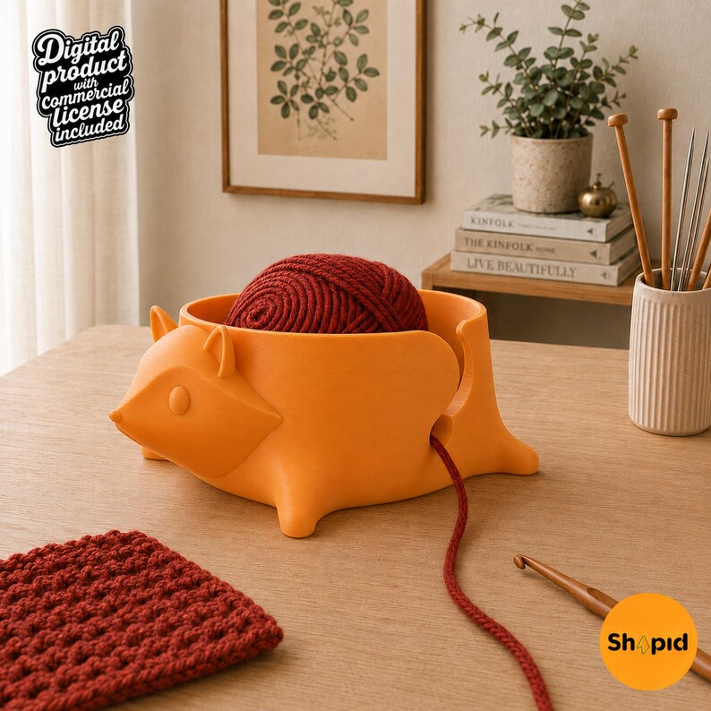 May include: An orange yarn bowl shaped like a stylized fox, containing a ball of dark red yarn. A single strand of the red yarn extends from the bowl through a side opening. The bowl features a fox head on one side and four small feet at the base.