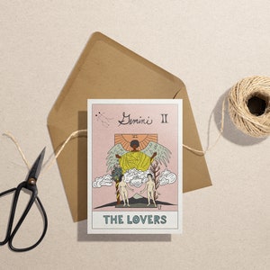 Carte de voeux d'anniversaire Tarotscope Gémeaux, les jumeaux, zodiaque, horoscope, carte de tarot, les amoureux, astrologie, signe aérien, constellation, kraft