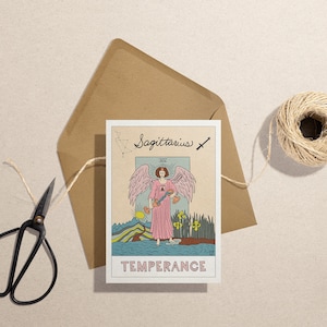 Carte de voeux d'anniversaire Tarotscope Sagittaire, l'Archer, zodiaque, horoscope, carte de tarot, tempérance, astrologie, signe de feu, constellations