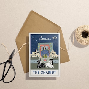 Carte de voeux d'anniversaire tarotscope cancer, le crabe, zodiaque, horoscope, carte de tarot, le char, astrologie, signe d'eau, constellation, kraft