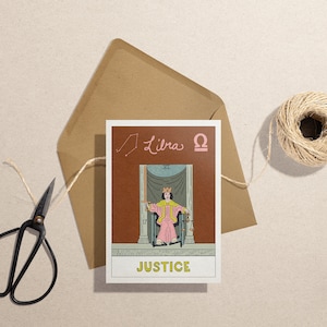 Carte de voeux d'anniversaire Tarotscope Balance, la balance, zodiaque, horoscope, carte de tarot, justice, astrologie, signe aérien, constellations, signes astrologiques