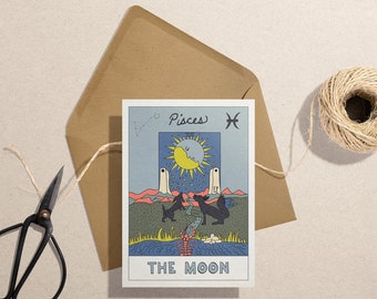 Cartão de felicitações de aniversário de tarot de peixes, o peixe, zodíaco, horóscopo, carta de tarô, a lua, astrologia, signo de água, constelações, signo estelar