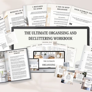 Op de afbeelding: De Ultimate Organising and Decluttering Workbook, met pagina's getiteld: How to Declutter, 5 Mistakes to Avoid, 5 Tips to Keep Organised en Your Ultimate Goals. Bevat een laptop en afgedrukte pagina's.