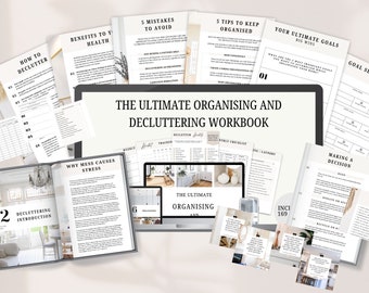 Op de afbeelding: De Ultimate Organising and Decluttering Workbook, met pagina's getiteld: How to Declutter, 5 Mistakes to Avoid, 5 Tips to Keep Organised en Your Ultimate Goals. Bevat een laptop en afgedrukte pagina's.