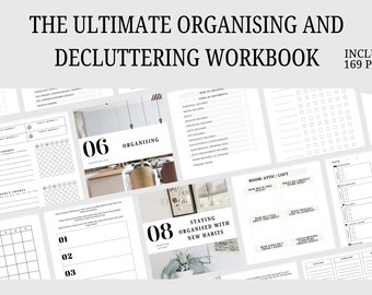 Op de afbeelding: Een zwart-witte werkboek met de titel "The Ultimate Organising and Decluttering Workbook" en de tekst "Includes 169 Pages". De werkboek is verdeeld in hoofdstukken, met elk hoofdstuk een nummer en een titel. De hoofdstukken zijn "Organising", "Staying Organised with New Habits" en "Room: Attic/Loft".