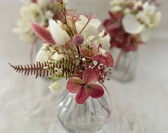 Mini Strauß Blumen Deko Seidenblumen Trockenblumen mit Vase Tischdeko creme rosa