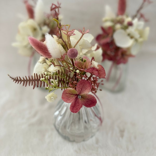 Mini Strauß Blumen Deko Seidenblumen Trockenblumen mit Vase Tischdeko creme rosa