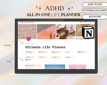 Planejador de modelo de noção de TDAH - modelo de noção tudo em um, painel de noção, calendário de noção final, planejador de noção de TDAH, estética rosa