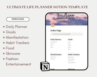 Modelo Ultimate Notion - organizador de vida, planejador de orçamento, planejador de refeições, rastreador de hábitos, calendário de noções, noção de estética, painel de noções,