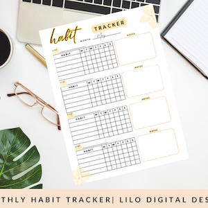 Könnte beinhalten: Ein druckbarer monatlicher Gewohnheits-Tracker mit vier Abschnitten zum Verfolgen von Gewohnheiten. Jeder Abschnitt hat einen Gewohnheitstitel, ein Kalenderrraster zum Verfolgen des täglichen Fortschritts und einen Notizbereich. Der Tracker ist mit einem floralen Design und dem Wort "Gewohnheit" in einer goldenen Schriftart verziert.