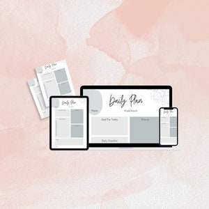 Peut inclure: Un planificateur quotidien numérique affiché sur un ordinateur portable, une tablette et un téléphone. Le planificateur comprend des sections pour le nom, la semaine/le mois, l'objectif du jour, la priorité et une liste de contrôle quotidienne. Le planificateur a un design floral.