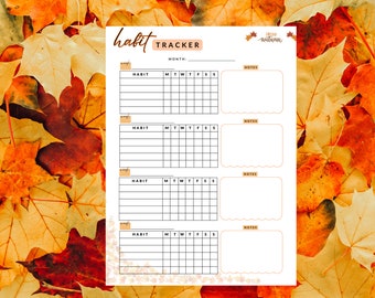 Rastreador de hábitos para o outono, rastreador de hábitos mensal para impressão, ano do rastreador de hábitos, rastreador de metas, rastreador de economia, rastreador de hábitos PDF, planejador de hábitos
