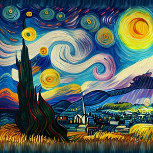 Starry Night 3D Abstract Digital Print Vibrant Vivid Aura Retro Vintage Custom Painting Poster Decor Wall Art Download Modern