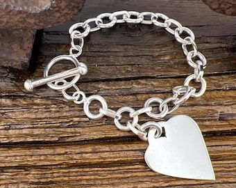 【希少】80sVintage Heart Onyx SilverBracelet Vintage 90's Heavy 925 Sterling Silver Toggle Bracelet With Heart